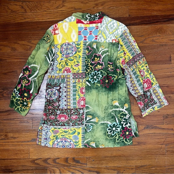 Vintage Jams World Casual Button Front Shirt Womens Small Green Floral Patchwork - Picture 6 of 10